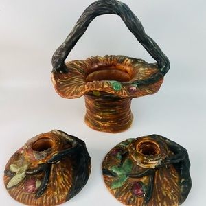 Antique Weller Pottery Woods Forest Design Basket & Matching Candle Sticks